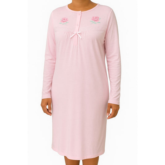 Womens Cotton Nightie Long Sleeve Night Gown Pyjamas Sleepwear Lace PJ - Pink - 12 V563-NI-016-PINK-12