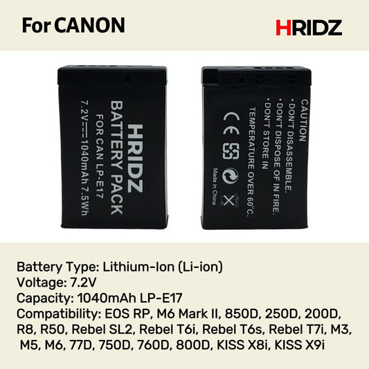 Hridz LP-E17 Batteries & Dual Charger For Canon EOS M6 200D 200D 77D 750D 760D 8000D V571-0728040811829
