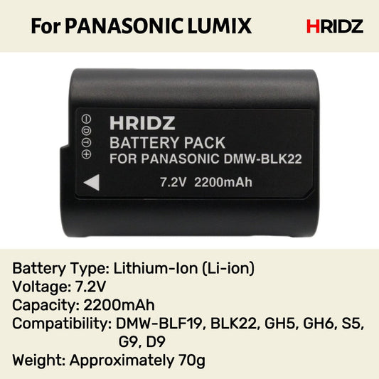 Hridz BLK22 2pcs Battery for Panasonic DMW-BLK22 LUMIX DSLR - 2-batteries only V571-HZDMWBLK22-2BATT