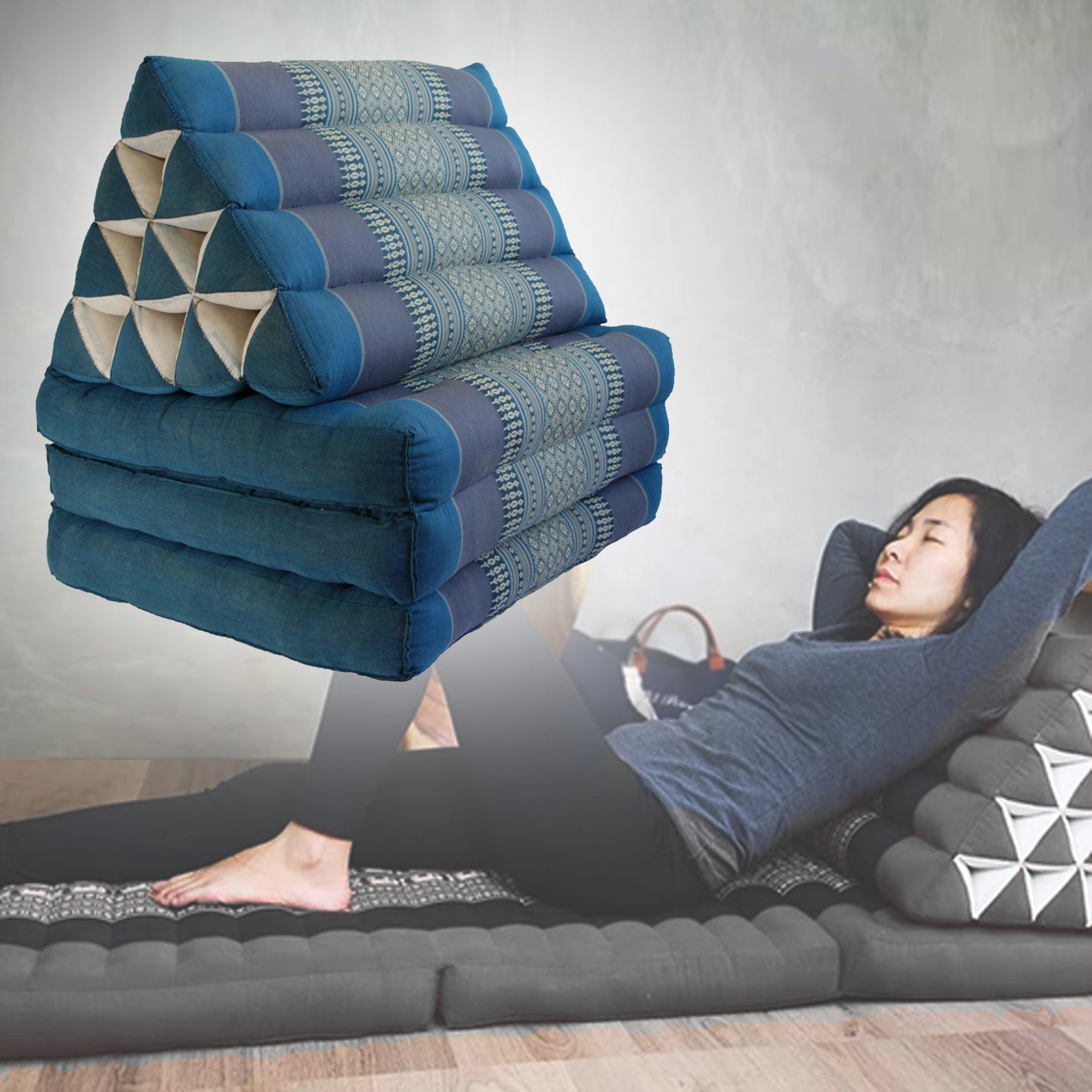 Large Thai Triangle Pillow THREE FOLDS Blue V574-TTP10BLUE