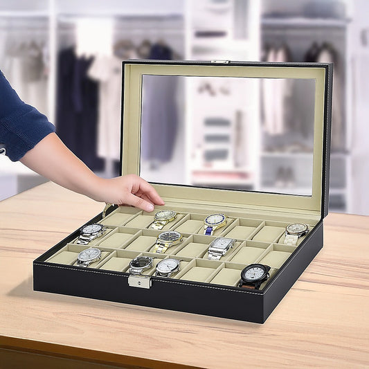 Watch Box - 24 Slot Luxury Display Case With Framed Glass Lid V63-826141