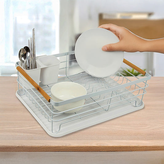 Metal Dish Drying Rack Drainboard Holder Tray Kitchen Plates Cutlery Wood Handle V63-835451