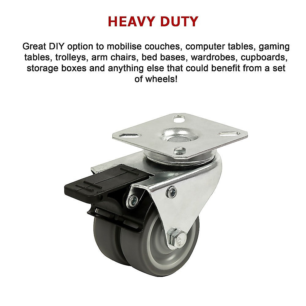 4x 2 Inch Heavy Duty Swivel Castor Wheels 50mm Brake V63-838711