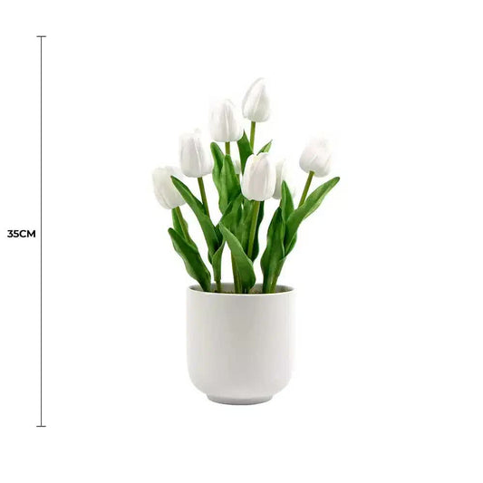 Flowering White Artificial Tulip Plant Arrangement With Ceramic Bowl 35cm V637-DP8870015