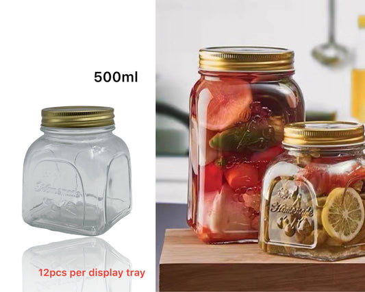 bulk 36 Glass Square Jar W Gold Metal Lid 500ml V637-KIT31750