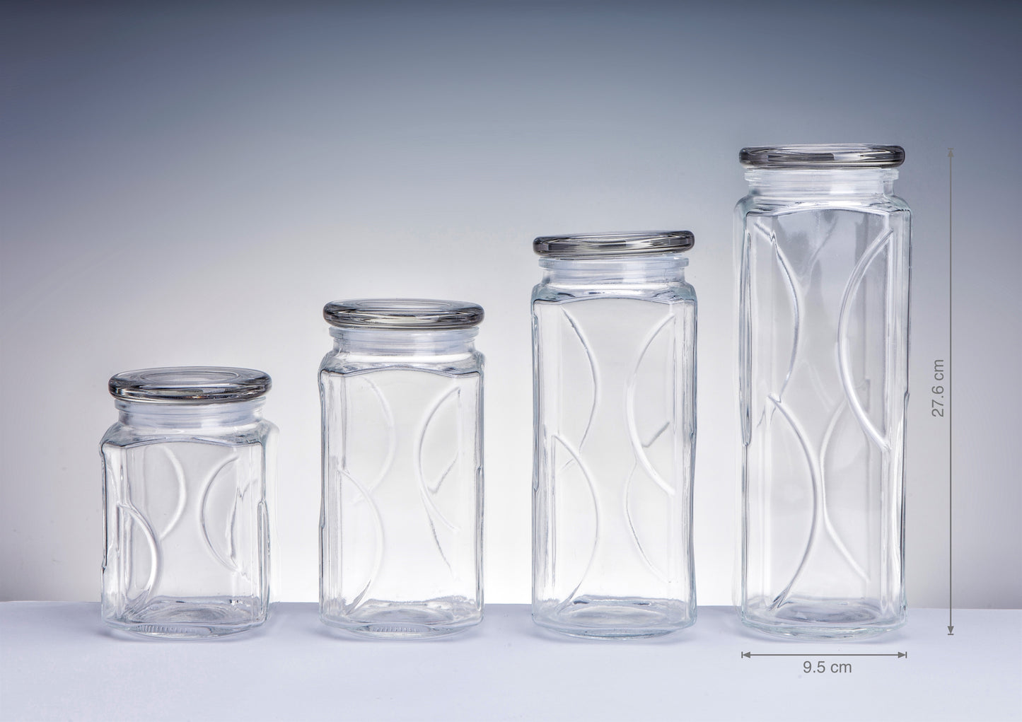 bulk 12 Swirl Embossed Squ Glass Jar w Glass Lid 27cm V637-KIT31846