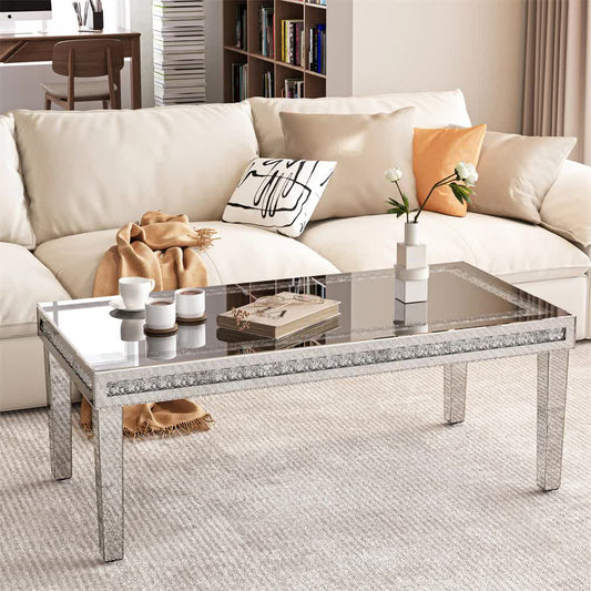Silver Mirrored Coffee Table with Crushed Crystal Diamond Inlay Rectangular Center Table for Living Room V767-CJ-Z1831