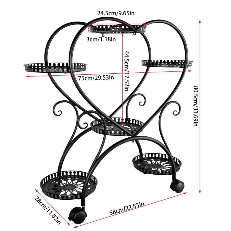 6 Potted Heart-shaped Metal Tall Plant Stand Rolling Garden Cart Flower Racks AU V767-HJ-XZ1747