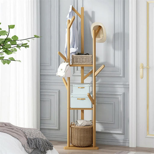 Wooden Coat and Hat Stand with 10 Hooks - Floor Standing Clothes and Umbrella Rack V767-XJJ43-G2