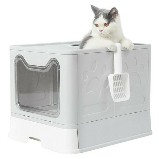 Self-Cleaning Hooded Cat Litter Box Enclosed Large Kitty Toilet Box Tray Refills V767-XPET124-GY