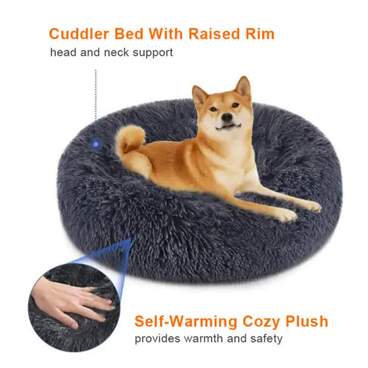 Calming Donut Pet Bed -Soft Faux Fur, Anti-Anxiety Fluffy Round Bed for Cats and Small Dogs (Beige Brown)50cm V888-ELOSUNG10276