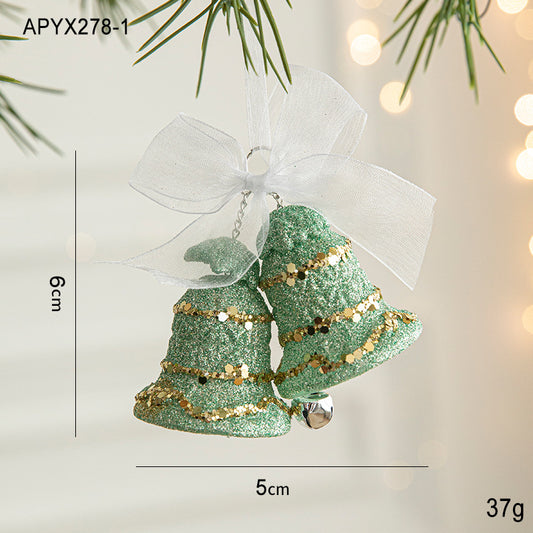 Green Glitter Christmas Bell Ornaments with White Bow - Hanging Holiday Decoration 5 pieces V888-ELOSUNG10504