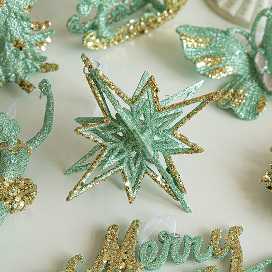 Green Glitter 3D Star Ornament with Gold Accents -Hanging Christmas Decoration 5 pieces V888-ELOSUNG10505