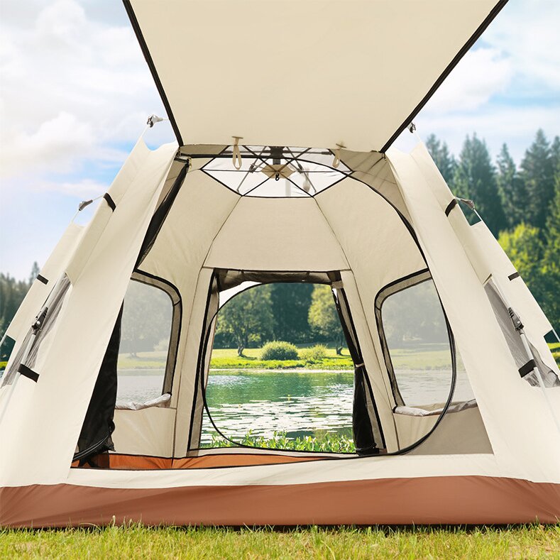 5-8 Person Hexagonal Camping Tent | Double-Layer Silver Coated Waterproof Shelter with Awning (280*280*158cm) V888-ELOSUNG11288