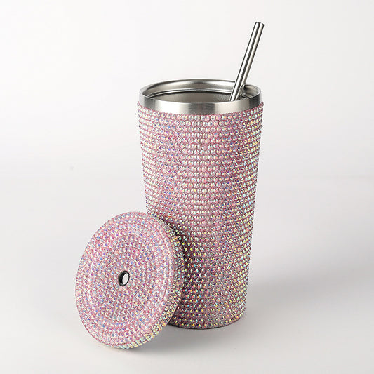 Diamond-Inlaid Insulated 304 Stainless Steel Cup with Straw - Double-Walled, Rhinestone Coffee Mug, Gift Cup V888-ELOSUNG12102