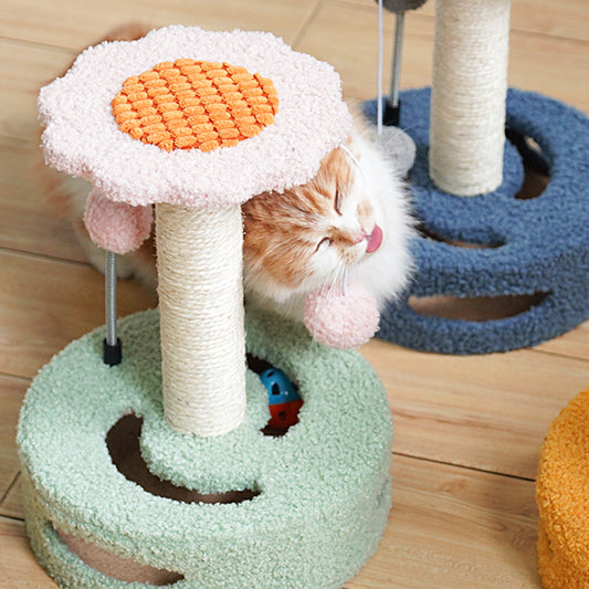 Green-pink Interactive Cat Scratching Post with Playful Ball Toys, Flower Design - 35cm Height, 26cm Base V888-ELOSUNG12940
