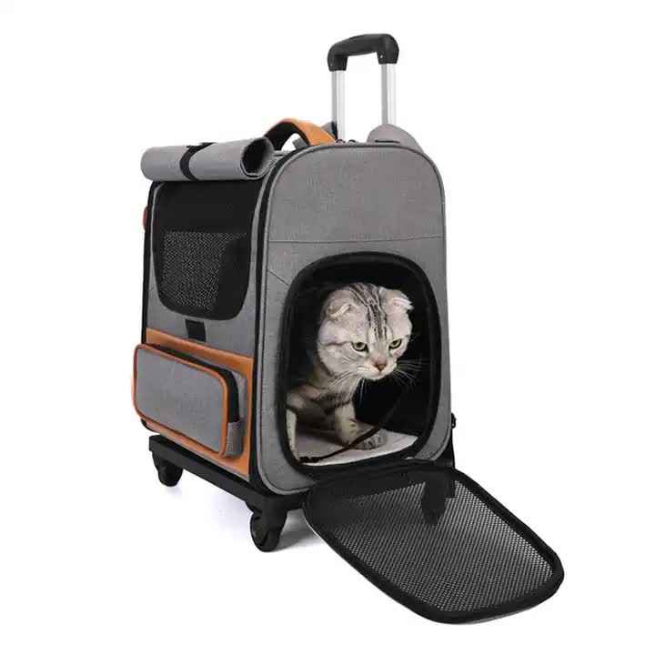 Beige Large Capacity Breathable Foldable Pet Trolley - Travel Cat Carrier with Wheels, Portable, Spacious, V888-ELOSUNG13147