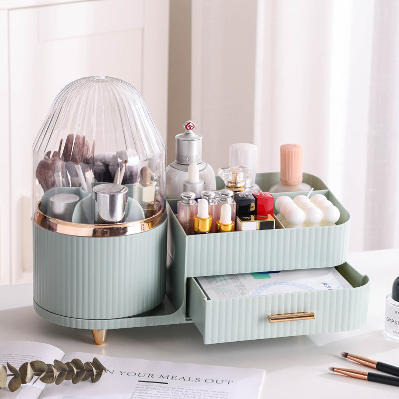 White Rotating Makeup Organizer Box - Multi-Compartment Cosmetic Storage with Dustproof Cover V888-ELOSUNG15834