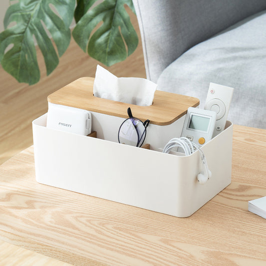 White Multifunctional Tissue Box Organizer - Bamboo Lid with Dividers for Desktop Storage V888-ELOSUNG15956
