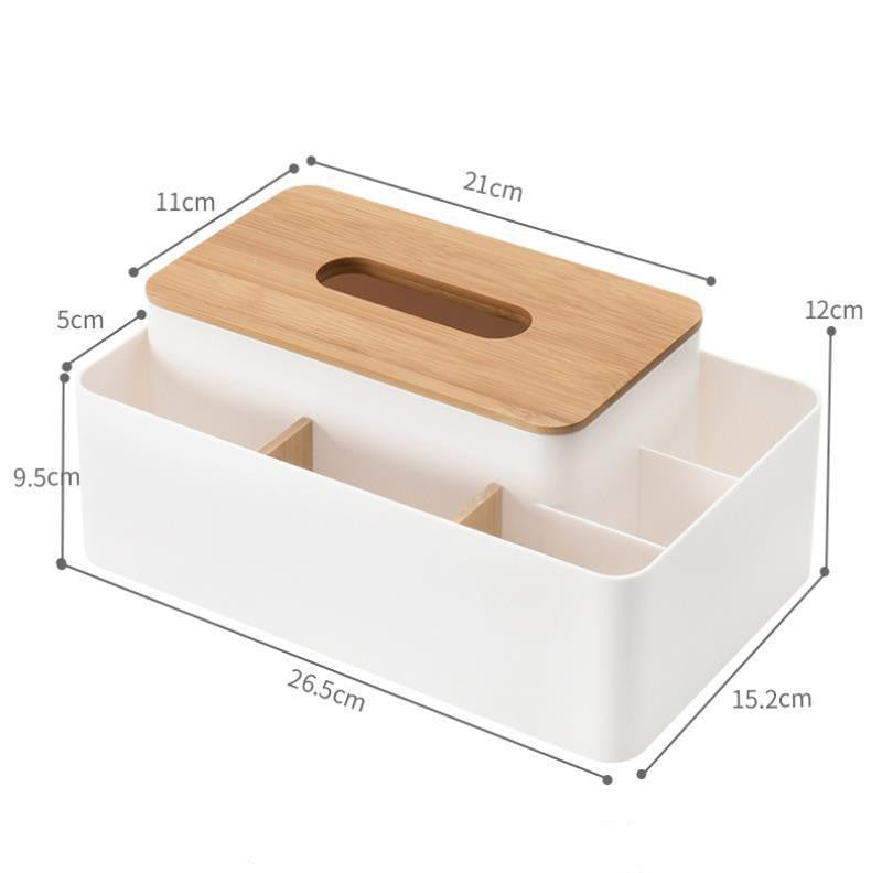 White Multifunctional Tissue Box Organizer - Bamboo Lid with Dividers for Desktop Storage V888-ELOSUNG15956