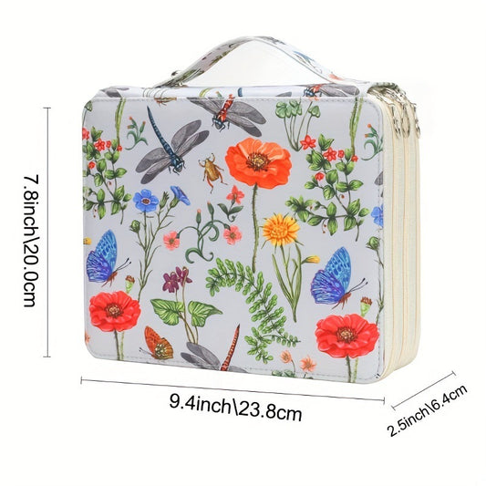 White Floral Design Portable Zippered Pencil Case - 3-Layer Large Capacity Organizer for Stationery & Art V888-ELOSUNG16287