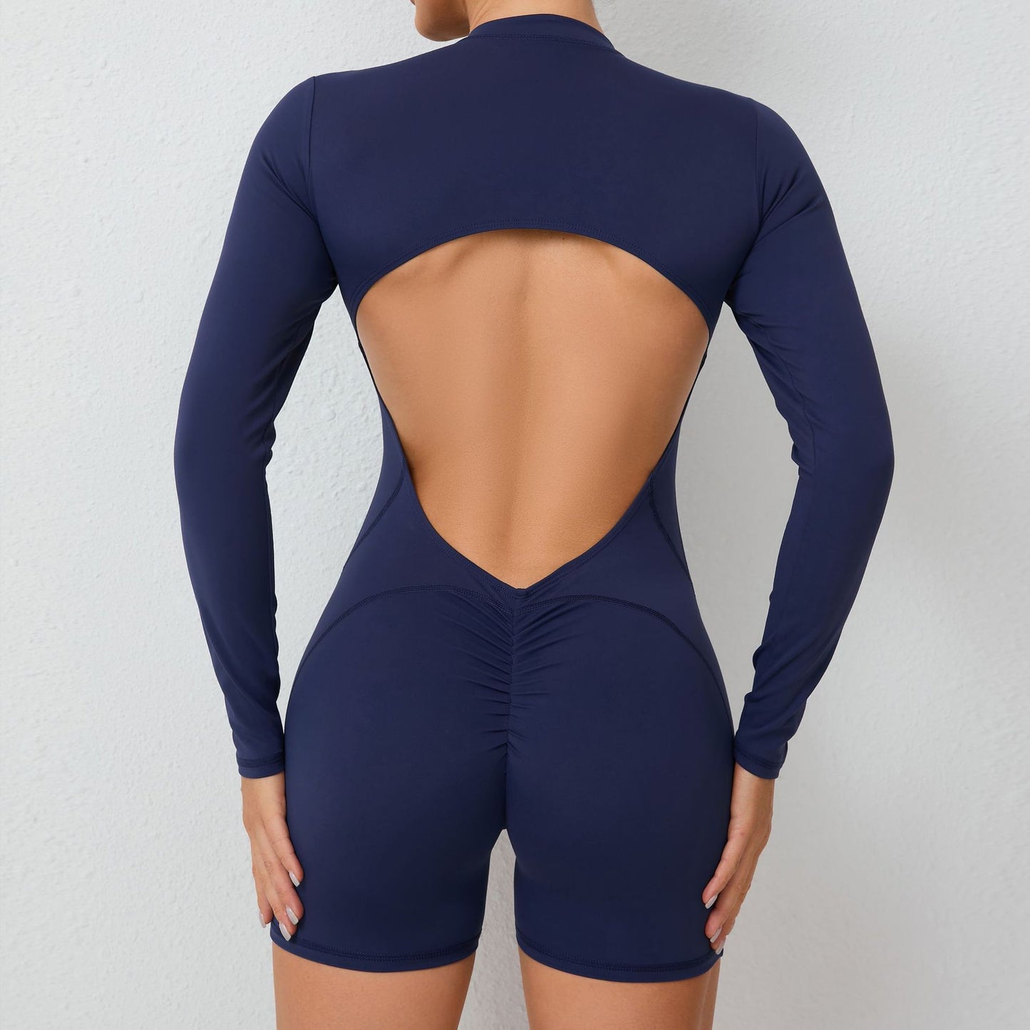 S Purple Backless Scrunch Butt Workout Jumpsuit - Long-Sleeve Open-Back Yoga Romper V888-ELOSUNG16897