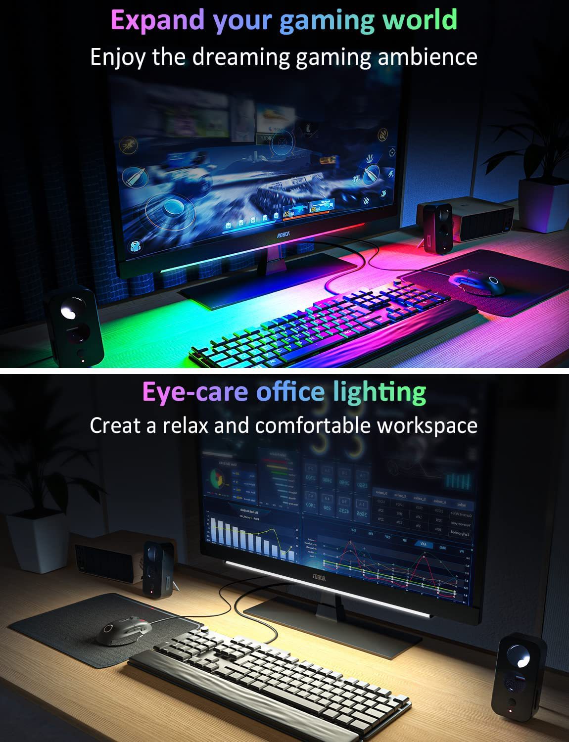 2 Pcs RGB LED Gaming Light Bar - Dual Color Temperature & Adjustable RGB Effects, USB-Powered Backlight for V888-ELOSUNG17332