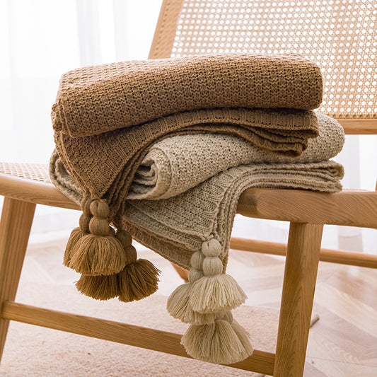 Beige 110cm x 150cm Soft Tassel Throw Blanket for Sofa or Bed, Cozy Casual Blanket for Office Nap, Minimalist V888-ELOSUNG17835