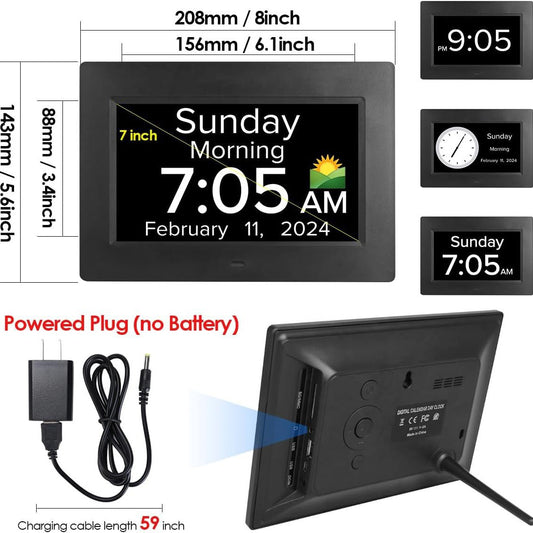 Black Crystal Clear 7-Inch Digital Day Clock with Auto Dimming & Voice Assist - Perfect for Seniors V888-ELOSUNG18095