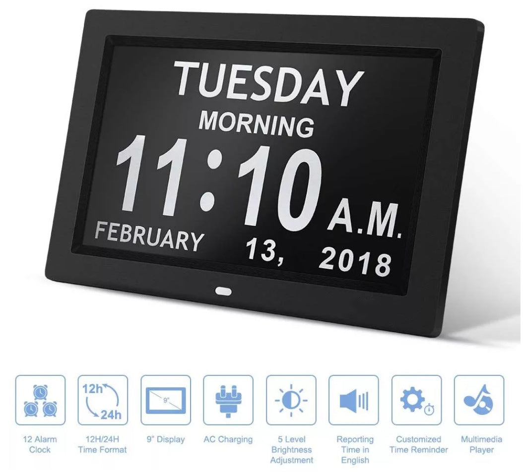 Black 10.1-Inch Digital Clock with Medication Reminders & Multi-Function Alarm - Ideal for Elderly Care V888-ELOSUNG18097