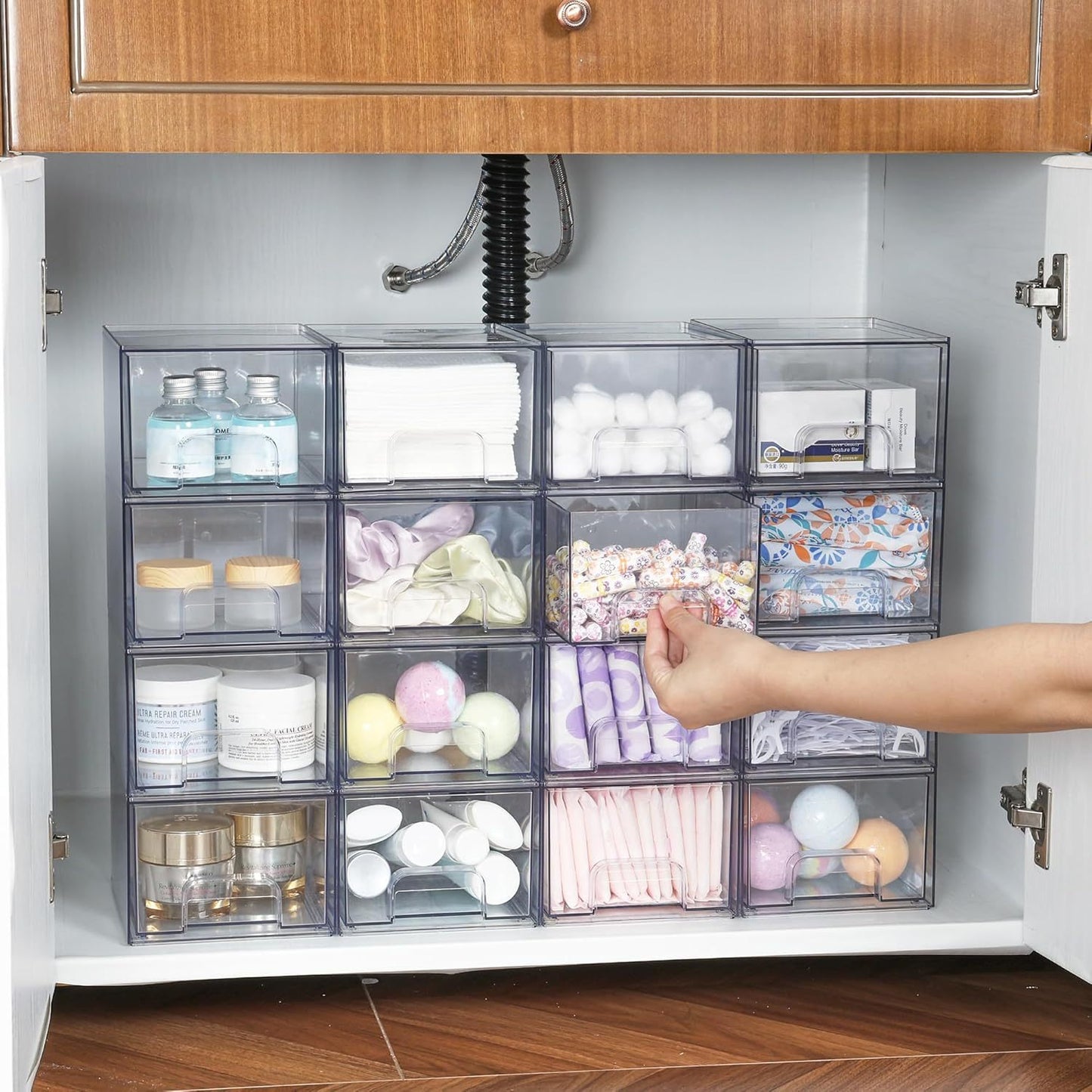 2-Pack Stackable PET Clear Makeup Organizer Drawers - Multi-Purpose Desktop Storage Case for Cosmetics, V888-ELOSUNG18469