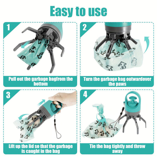 Blue Portable 6-Claw Pet Pooper Scooper - Hands-Free Dog Waste Picker with Integrated Bag Dispenser and V888-ELOSUNG18509