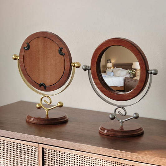 Gold and Brown Vintage Solid Wood Makeup Mirror - 360 degrees Rotating Desktop Vanity Mirror V888-ELOSUNG21495