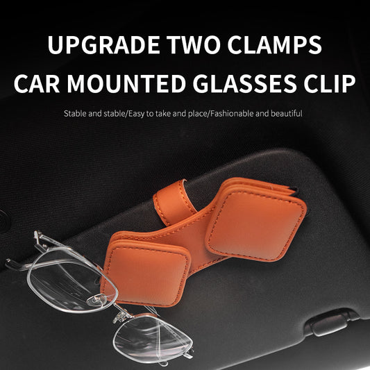 2 Pcs Black Car Sun Visor Glasses Holder Clip with Dual Magnetic Clamps - PU Leather, Anti-Slip, and V888-ELOSUNG21670