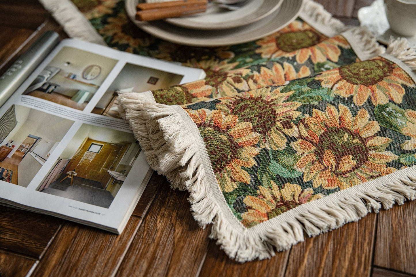 2 PCS Sunflower Table Runner with Fringe - Jacquard Woven Cotton Blend (30x120cm) V888-ELOSUNG22377