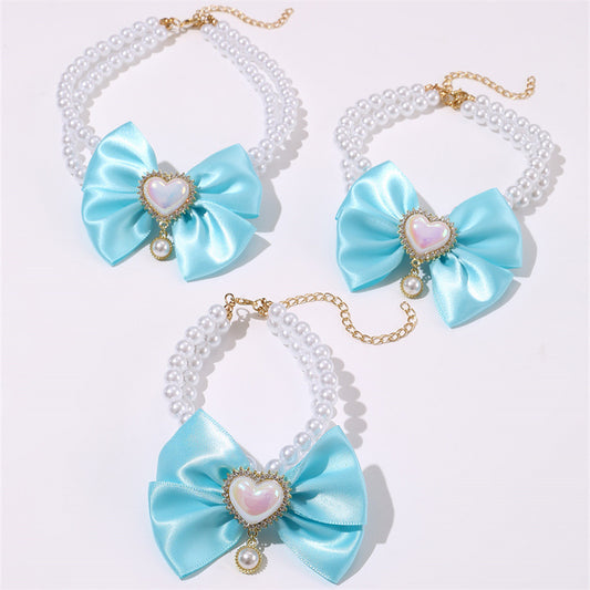 2 - PCS Cute Pet Pearl Necklace Collar with Blue Bow and Heart Charm - Size L V888-ELOSUNG22844