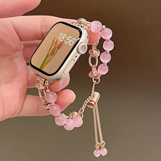 2-pcs Pink Elegant Cat's Eye Beaded Bracelet Band for Apple Watch - Women's Luxury Strap (Compatible Size V888-ELOSUNG22994