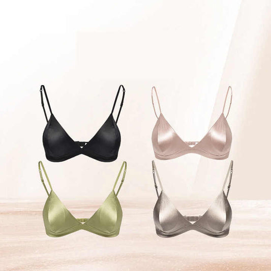 Size M Pink French Style Mulberry Silk Wireless Bralette - Triangle Cup Anti-Sagging Bra for Fuller Busts, V888-ELOSUNG23207