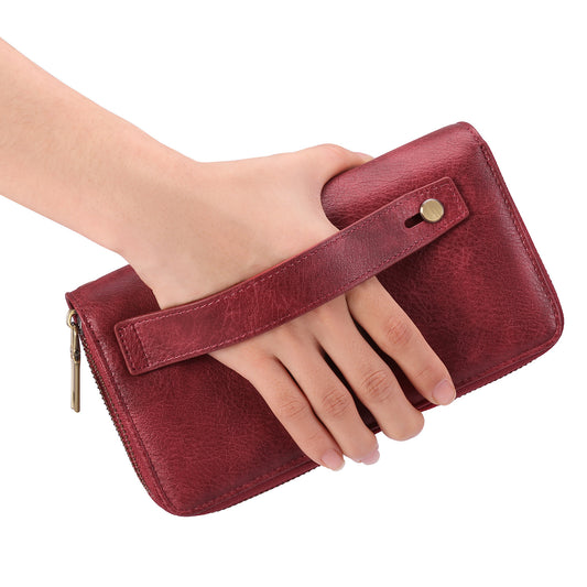 Brown Double Zipper Women's Wallet - Large Capacity Clutch Organizer with Wristlet Strap V888-ELOSUNG23502