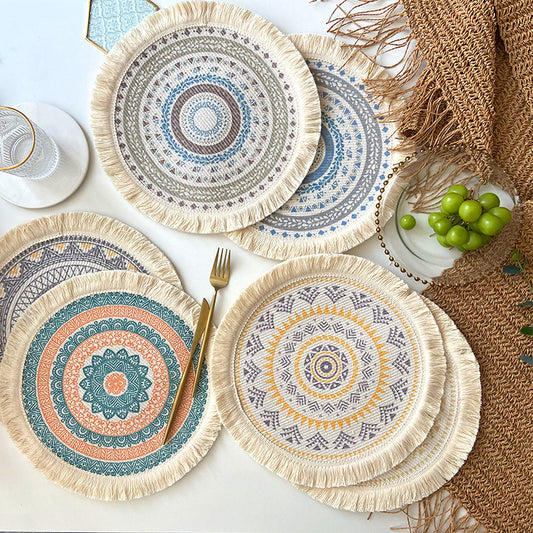4 Pcs Beige and Orange Boho Chic Woven Cotton Placemat with Tassels - Nordic Bohemian Style(Tableware is a V888-ELOSUNG23530