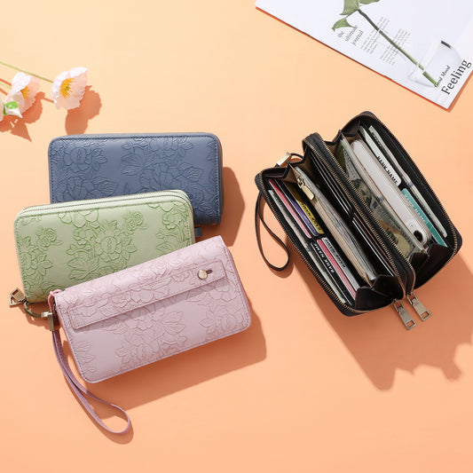 Black Floral Embossed Large Capacity Women's Wallet - Double Zipper PU Leather Clutch with Detachable Wrist V888-ELOSUNG23587