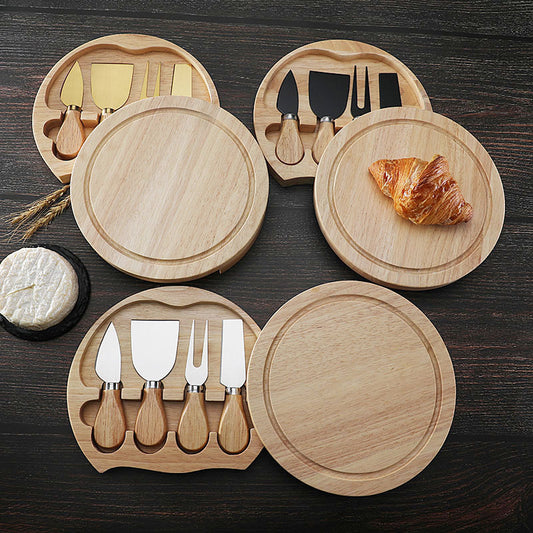Brown And Black Compact Round Rubberwood Cheese Board Set | 4 Stainless Steel Knives & Tools V888-ELOSUNG23803