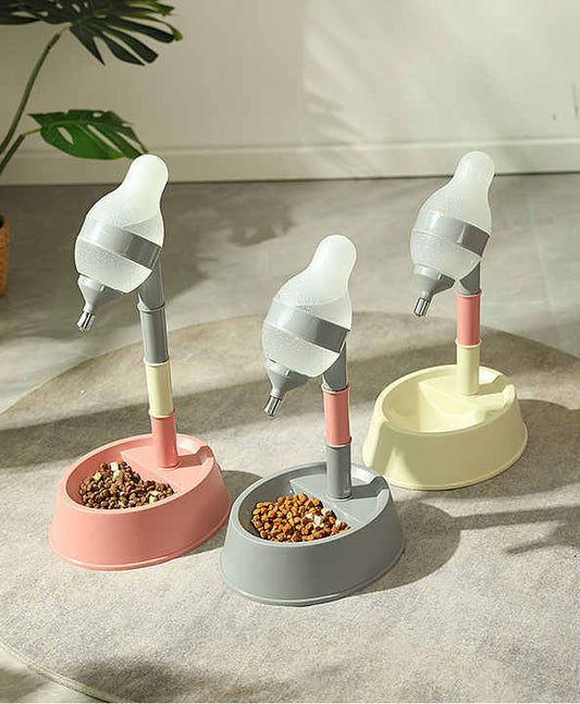 Beige Base Adjustable Height Pet Water Dispenser with Food Bowl Base - Non-Drip Bottle Feeder Station for V888-ELOSUNG23873