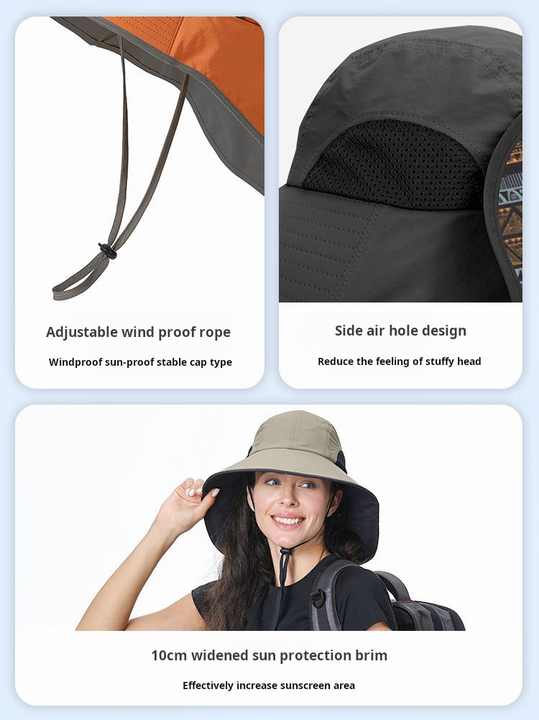 Black Wide Brim Sun Hat with Cape - Foldable UV Protection - 10cm Brim V888-ELOSUNG24368