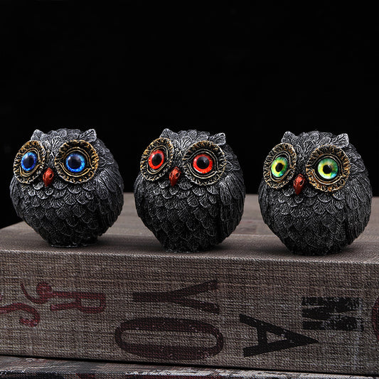 Set of Three Groups of Three Colors Small Decorative Resin Owl Figurine - Textured Statue with Blue V888-ELOSUNG24940
