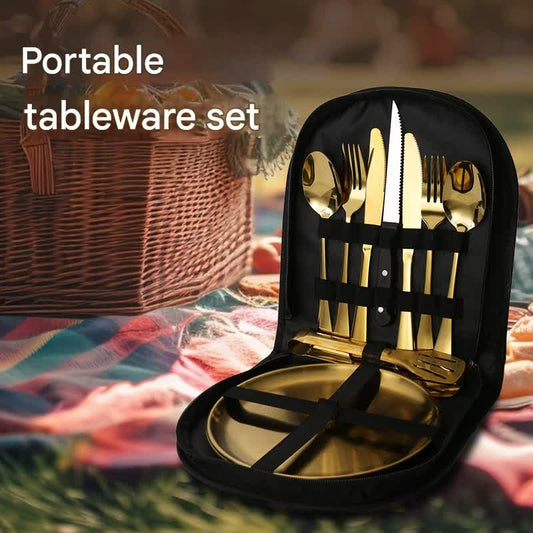 6-Piece Portable Stainless Steel Cutlery Set with Plate and Bag - Gold, Great for Camping and Travel V888-ELOSUNG25210