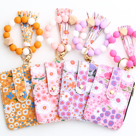 Floral Slim Card Holder Wallet with Beaded Keychain Bracelet & Tassel - 4 Card Slots, ID Window(Khaki) V888-ELOSUNG25910