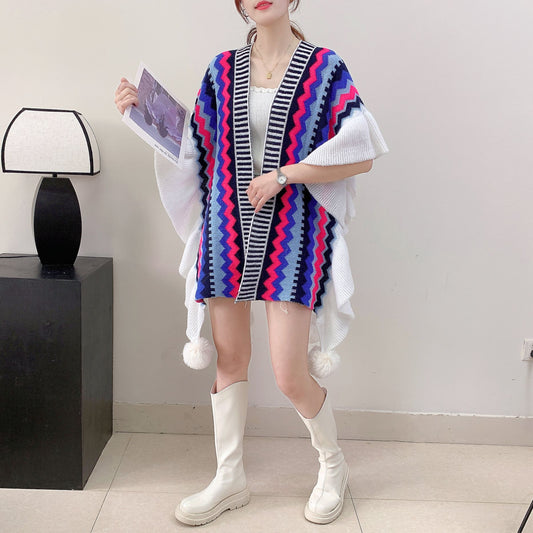 Blue Black Women's printed knitted cardigan cape with ruffled sleeves (Style 6) V888-ELOSUNG26110