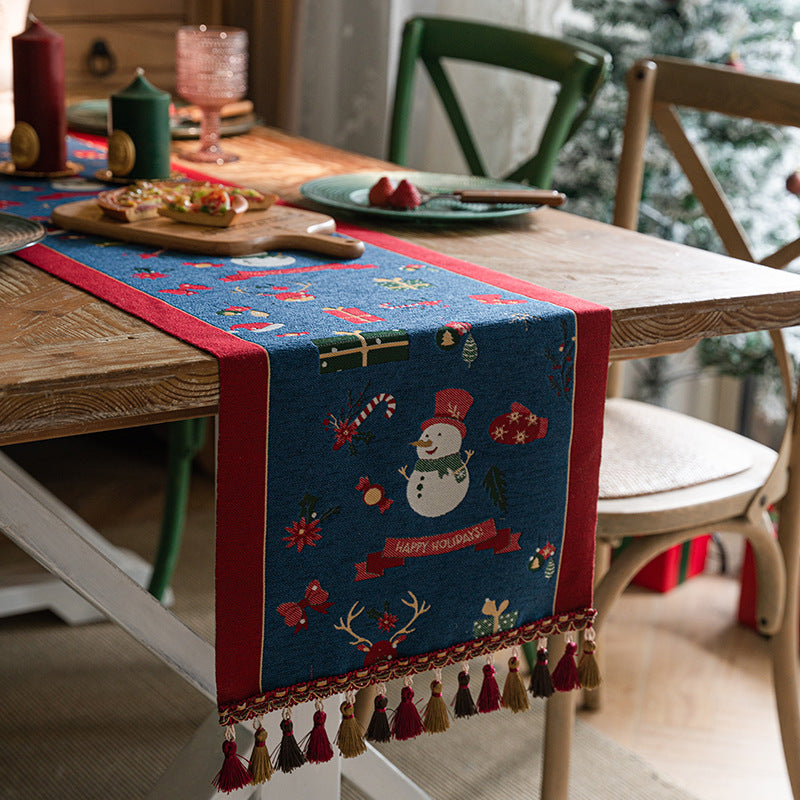 Blue Christmas Festive Table Runner - Blue with Snowman, Reindeer and Happy Holidays (35*220cm) V888-ELOSUNG26146
