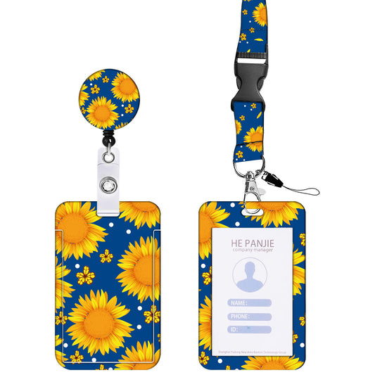 2-pcs Retractable ID Badge Reel Lanyard Set with Vertical Hard Plastic Card Holder - Blue Yellow Floral V888-ELOSUNG26237